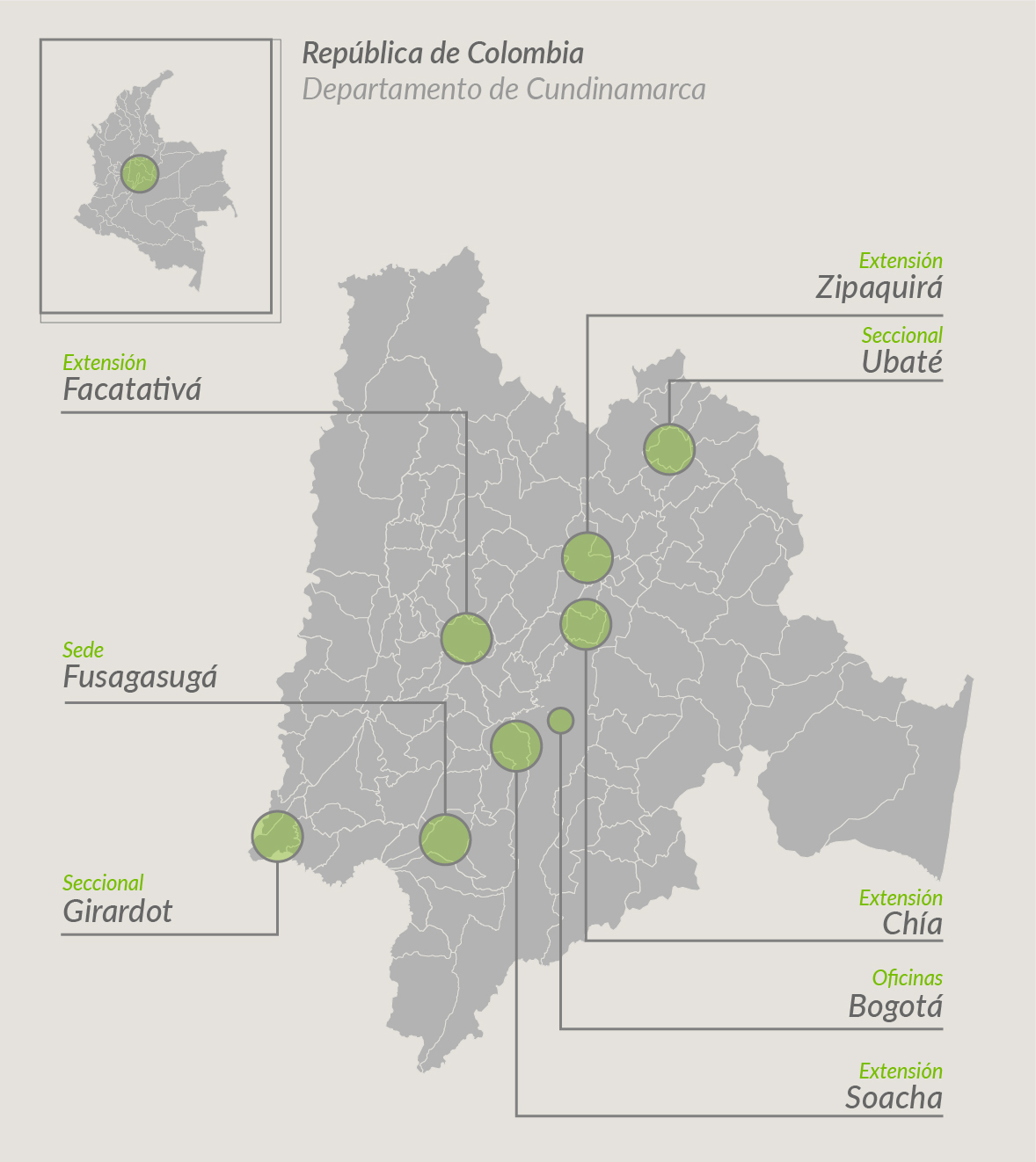 mapa de cundinamarca con puntos señalando las sedes de la universidad