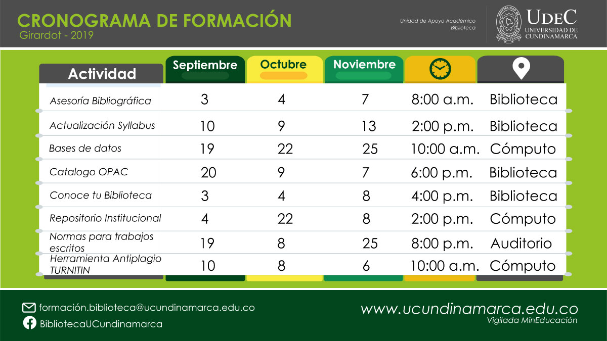 Cronograma de formación para usuarios de la biblioteca.