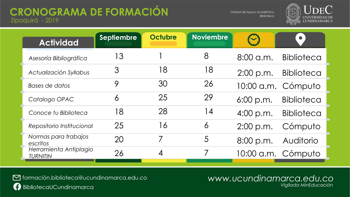 Cronograma de Formación para usuarios de la Biblioteca.