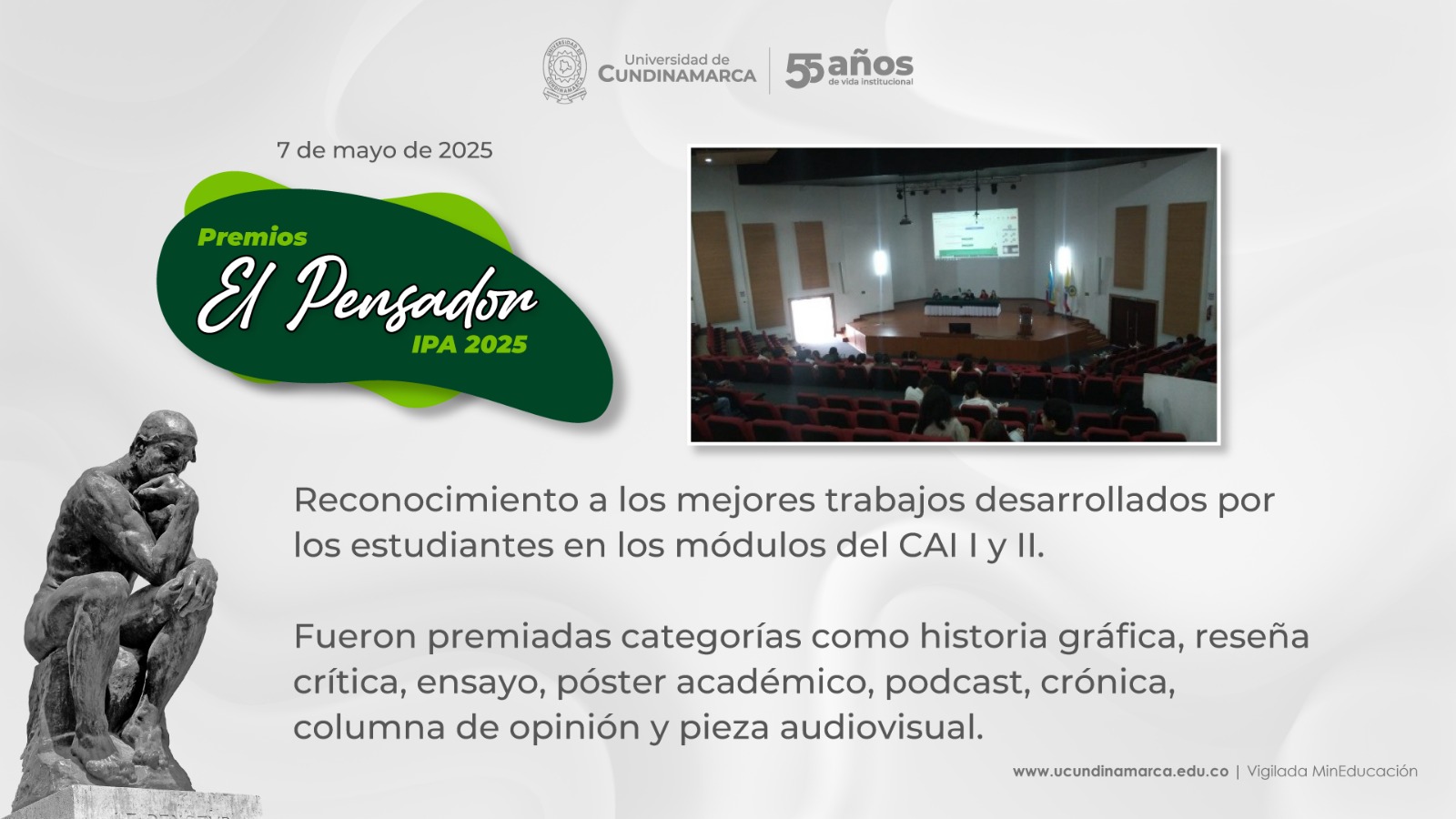 Afiche institucional de los Premios El Pensador IPA 2025 de la Universidad de Cundinamarca