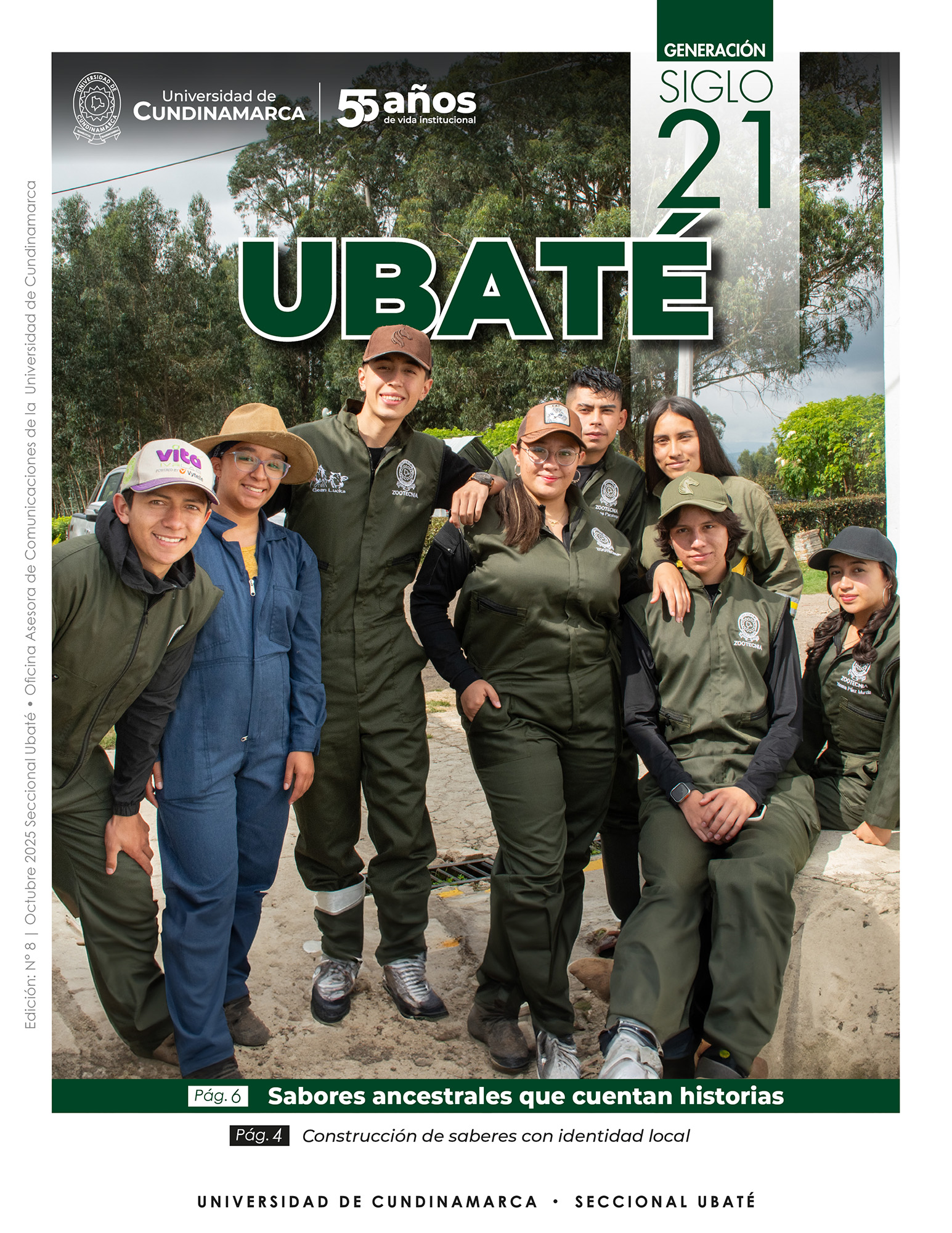 Grupo de estudiantes de la Universidad de Cundinamarca, seccional Ubaté, posando al aire libre con uniformes institucionales. En la parte superior se lee “Generación Siglo 21 – Ubaté”. La portada destaca el tema “Sabores ancestrales que cuentan historias”