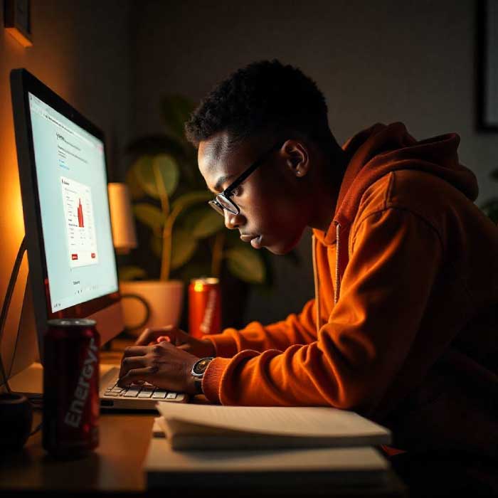 Fotografía de estudiante frente al computador con una bebida energizante