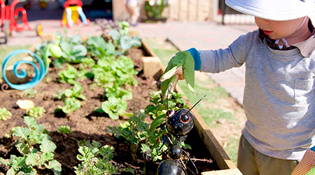 niño arreglando jardín