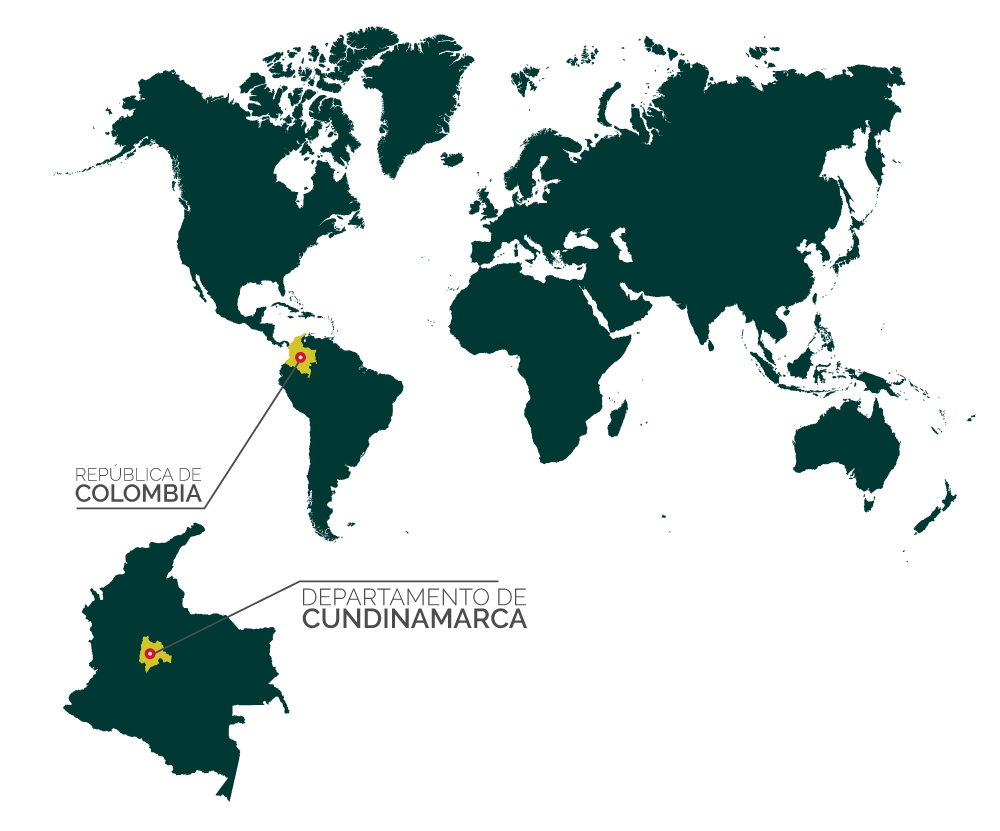 Mapa del Mundo indicando ubicación de Colombia y del Departamento de Cundinamarca