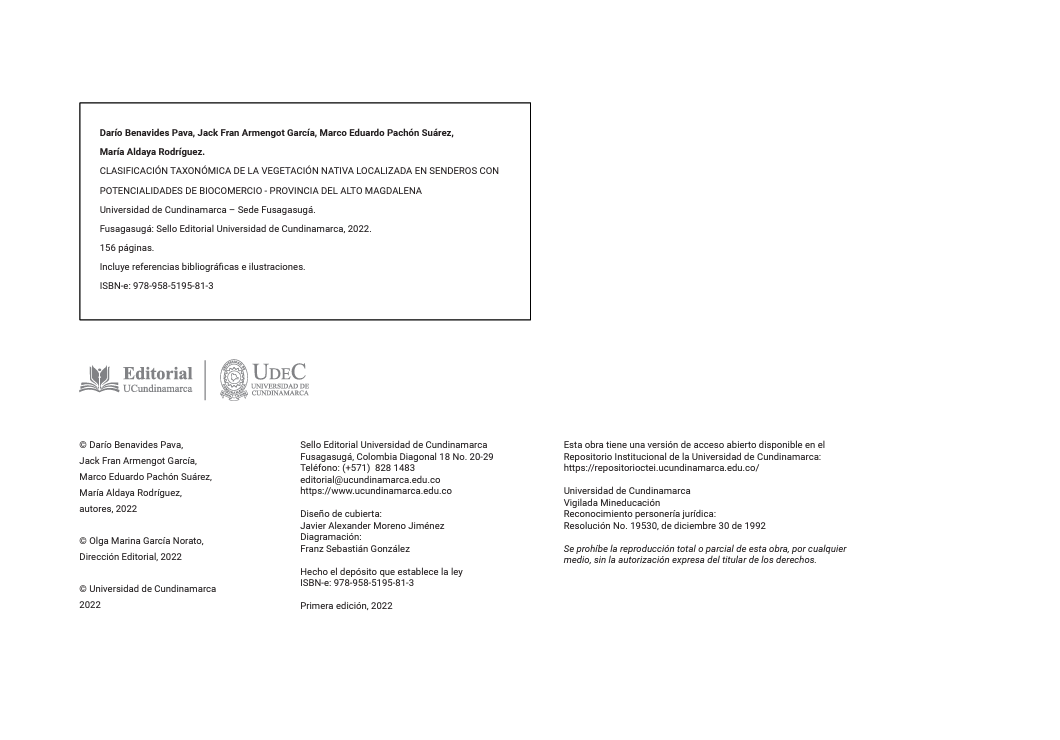 Clasificación taxonómica de la vegetacion nativa localizada en senderos con potencialidades de biocomercio (provincia del Alto Magdalena)