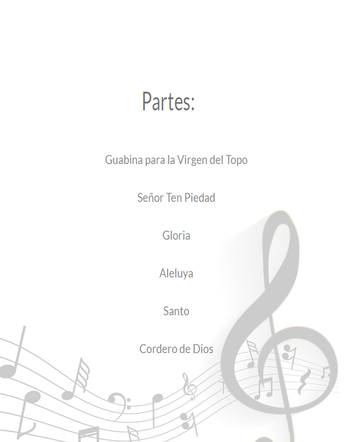 Misa a Nuestra Señora del Milagro. Para coro, trío típico Andino Colombiano (un número con instrumentos llaneros) y piano